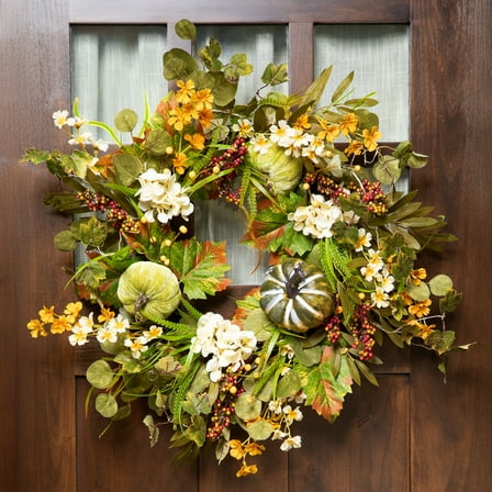 Northlight Velvet Pumpkins, Hydrangeas and Maple Leaves Artificial Fall Harvest Wreath - 24"