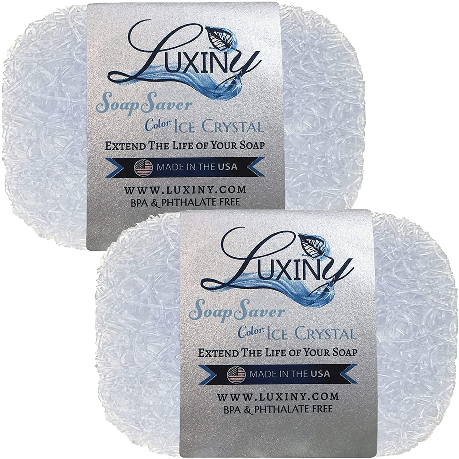 Luxiny American Made Soap Saver for Soap Dishes & Shower Soap Holders - Helps Handmade Soap Last Longer - Made from Plant Based Environmentally Friendly Bioplastics Ice Crystal - 2 Pack
