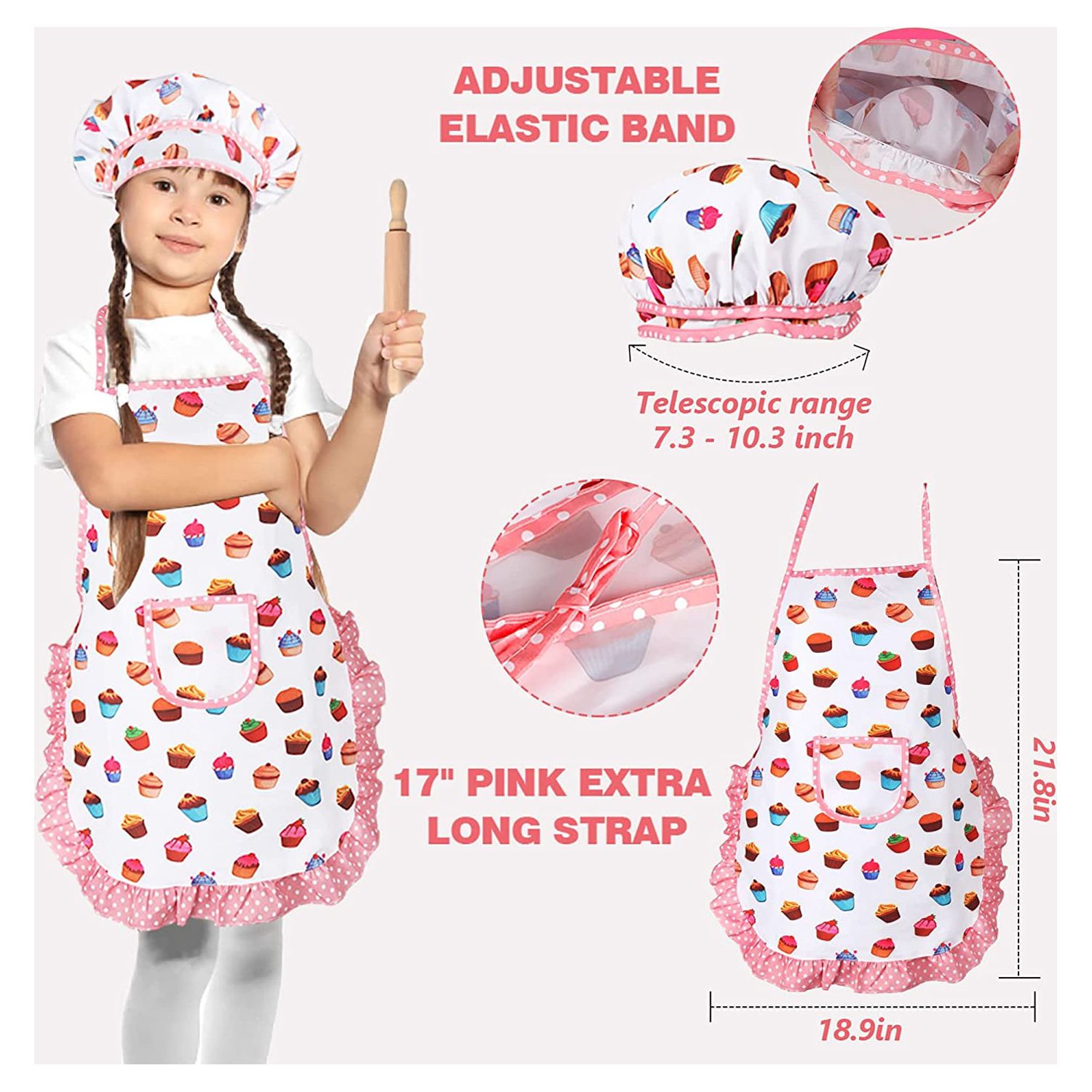 Vanmor Cute Kids Cooking and Baking Set, 24 Pcs Kids Aprons for Girls Toddler Chef Hat Apron Dress Up Chef Costume , Little Girl Apron Set Pretend