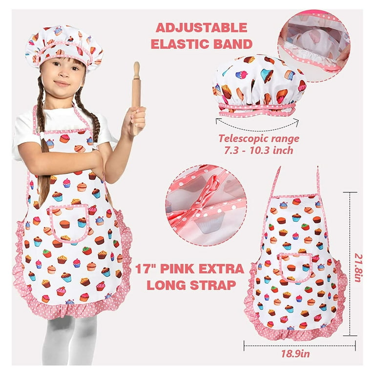 Vanmor Cute Kids Cooking and Baking Sets, 24 Pcs Kids Aprons for Girls Toddler Chef Hat Apron Dress Up Chef Costume, Little Girl Apron Sets Pretend