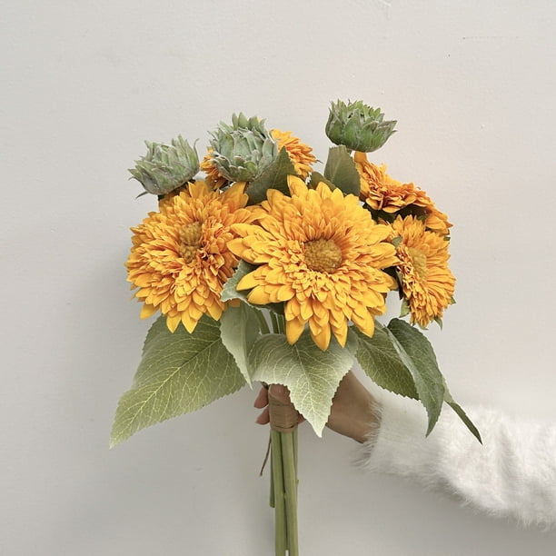 XmhyTop-A Flores artificiales, 1 pieza de girasol simulado, ramo de girasol falso de tela y plástico para decoración de la puerta principal de la sala de estar del hogar, amarillo claro