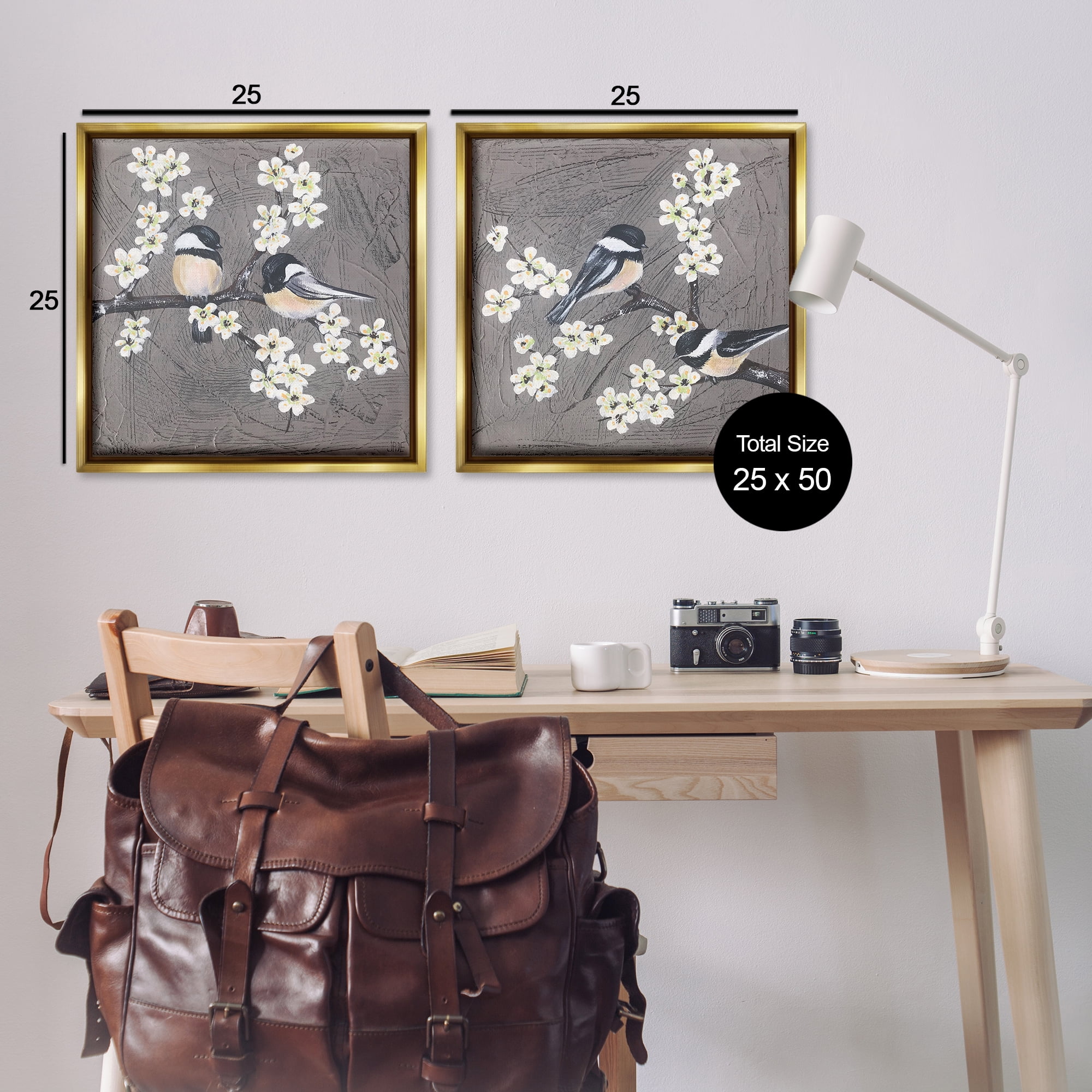 Stupell Industries Chickadee Birds Flowering Branch Animals Painting Gold Floater Framed Canvas Art Print Wall Art, 25 x 25, Set of 2