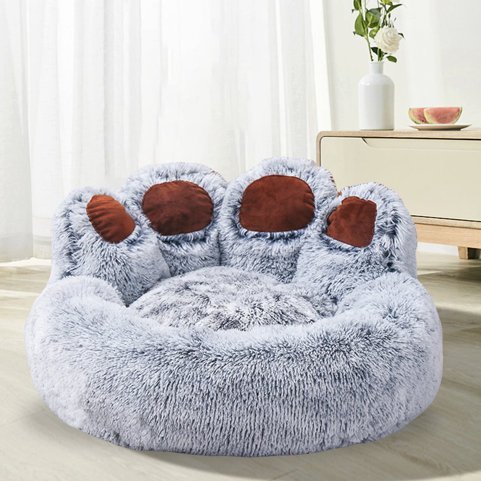 Frogued Pet Nest Paw-Shaped Pet Bed Warm Comfortable Anti-Slip Fluffy Plush Cat Dog Sleeping Nest Pet Supplies Dark Gray,60cm