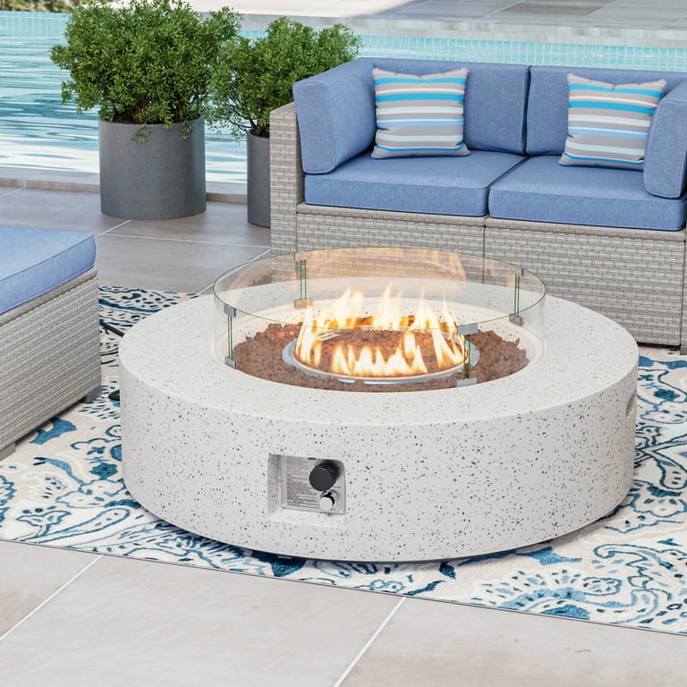 COSIEST Outdoor Round Terrazzo White Propane Fire Pit Coffee Table w Wind Guard Tank Outside