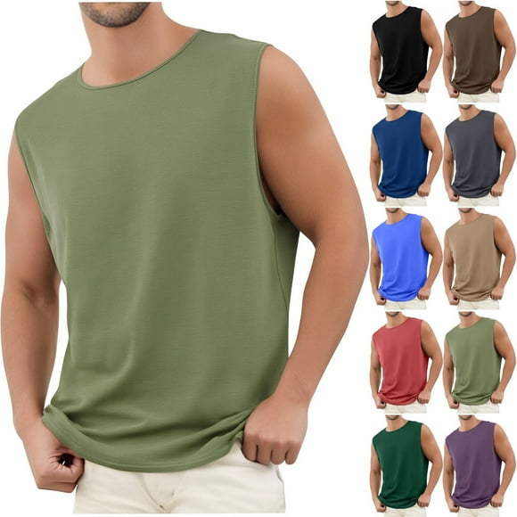 Txeol Saving Deals Men Workout Tank Top Gym Bodybuilding Sleeveless Muscle T Shirts Cut Off Shirts Summer Solid Color Basic Tees,Green,M