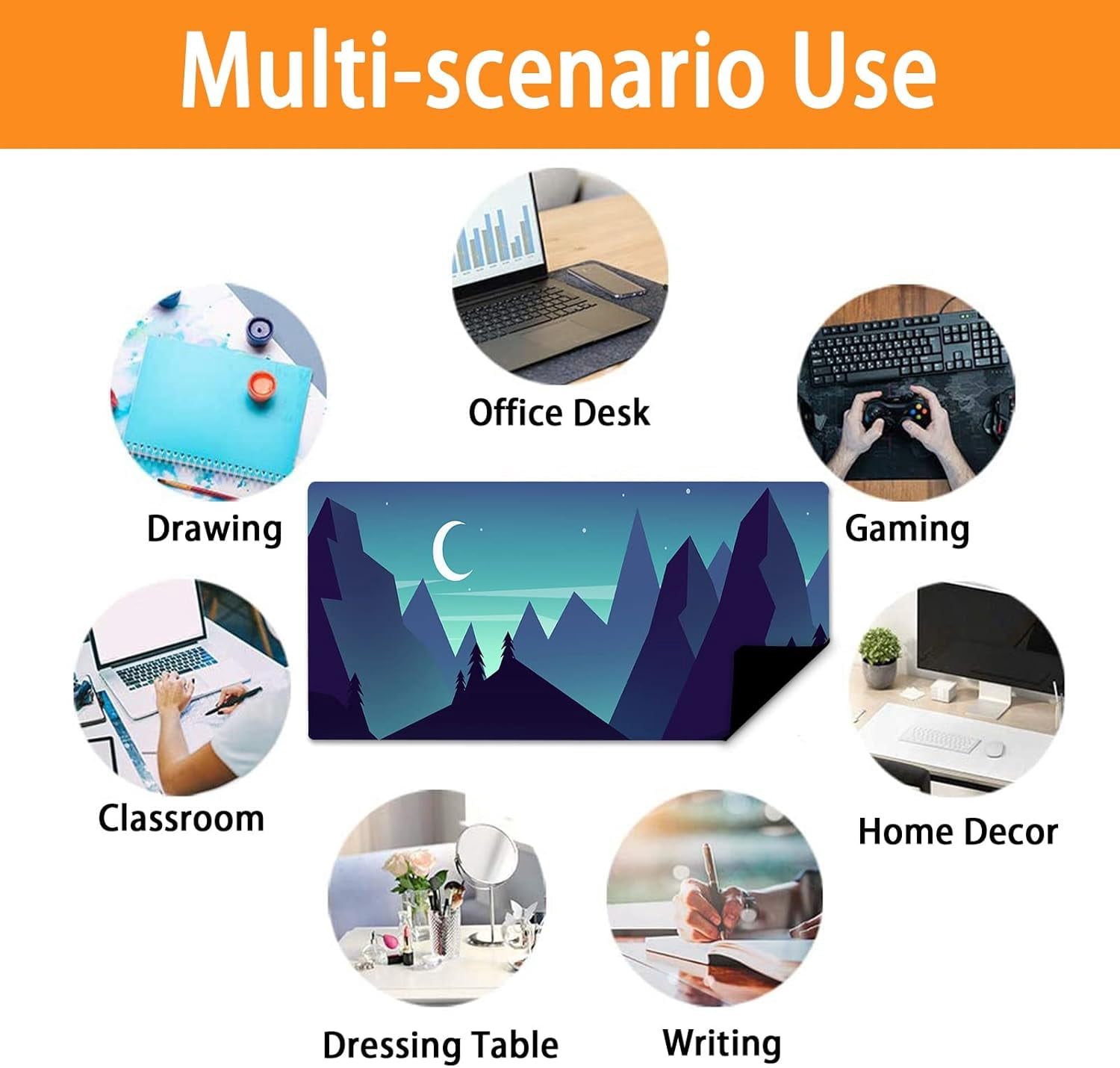 Mouse Pad Forest Mountain Large Mousepad Office Decoration Desk Mat, Moon Stars Blue Waterproof Mousepad for Desktop Wireless Mice, Non-Slip Rubber Base Mouse Mat, 31.5x11.8 Inch BDZXSE009