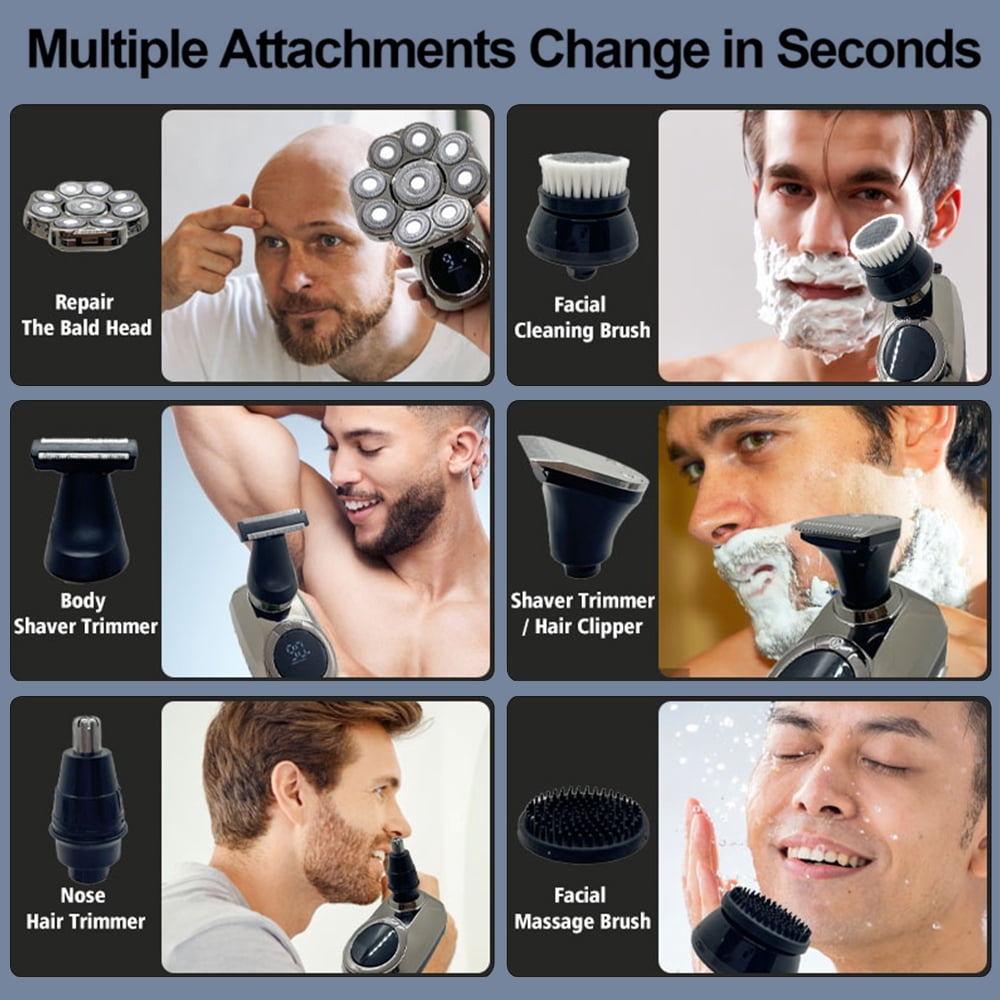 9D 6in1 Rotary Shaver Cordless Hair Trimmer Bald Head Razor Electric Men Wet Dry
