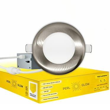 Perlglow 4 inch Slim Ultra-Thin Round Downlight Luminaire, Brushed Nickel Trim, LED Recessed Light Fixtures.