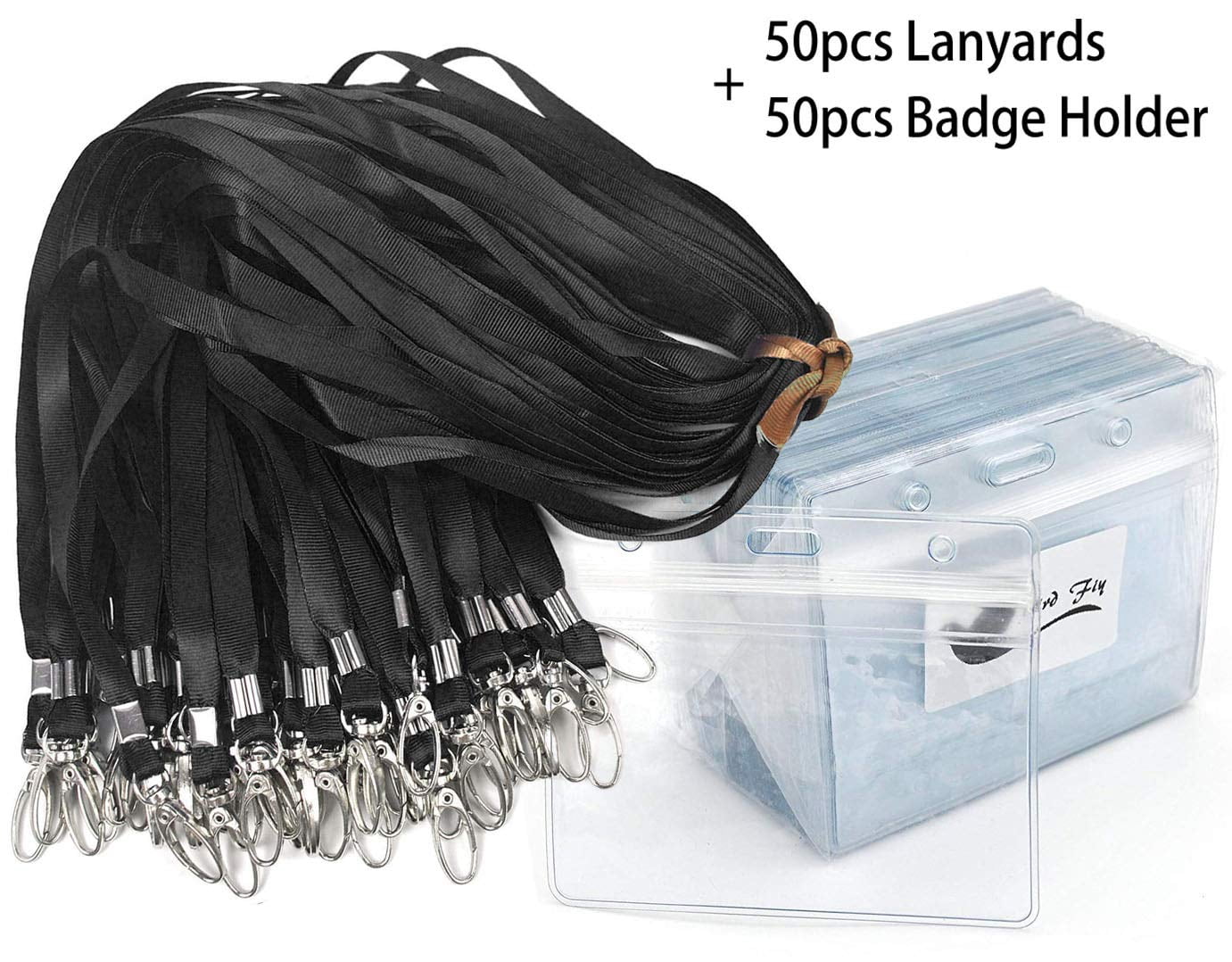 Lanyard With Id Holder 50 Waterproof Name Tag Horizontal Badge Card Holders Pass And 50 Flat Neck Black Lanyards Swivel Hook