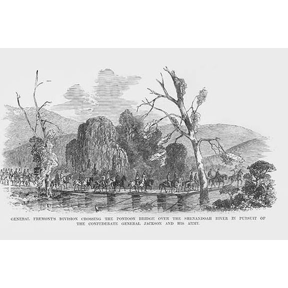 Fremont crosses Pontoon Bridge over Shenandoah in pursuit of Stonewall Jackson-Fine Art Canvas Print (20" x 30")