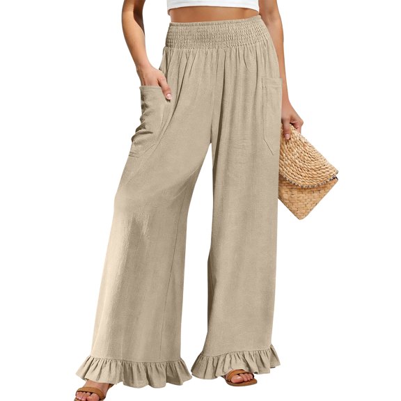 Satingcolo Women Linen Pants Summer Ruffle Wide Leg Palazzo Pant Smocked Waist Travel Lounge Trousers Beach Vacation Outfits Beige M
