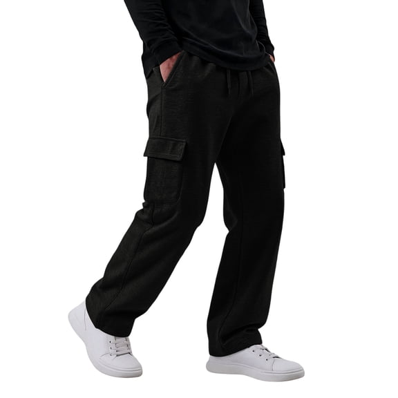 Gaukiv Fleece Cargo Sweatpants for Men 4 Pocket Straight Leg Pants Drawstring Elastic Waist Casual Winter Trousers Black L