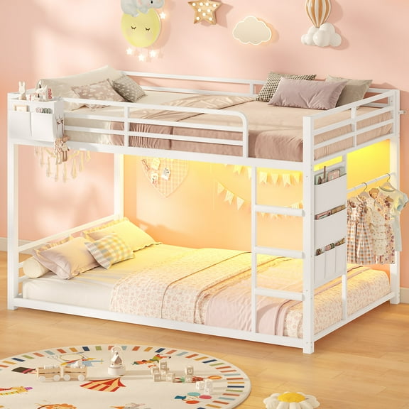 Bunk Bed Twin Over Twin with LED Lights, Metal Bunk Bed with Guardrail & Stairs, Space Saving, White