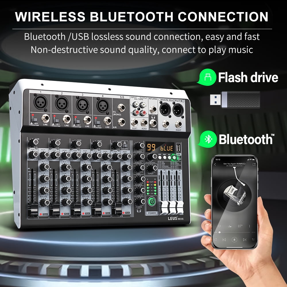 MX6 Channel 99 DSP Effect Mixer Record PC 48V Phantom Power USB Sound Mixers Bluetooth DJ Console Mixing ,Easy to Operate