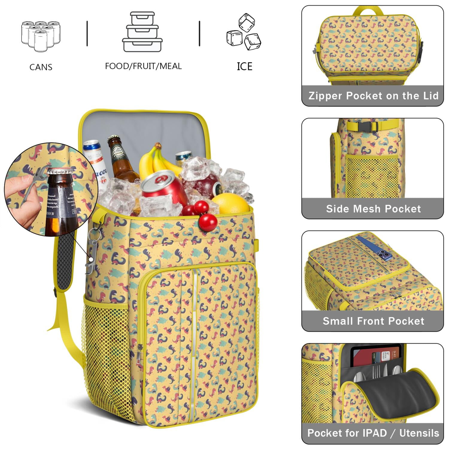 Travel Cooler Bag - Yellow Cartoon Dinosaurs Pattern Camping Beer Cooler Backpack with Bottle Opener- Waterproof Insulated Picnic Backpacks - Cooler Bag for Beach