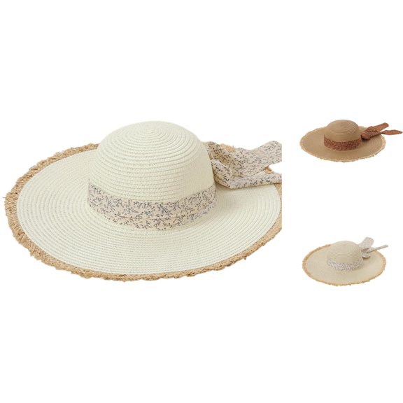 XFeng Fringed Straw Sun Hat Floral Bow Wide Brim Beach Hat