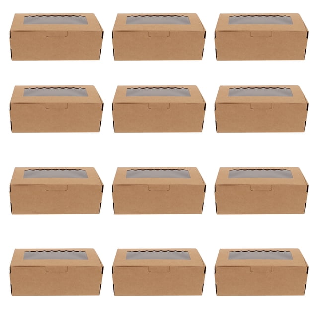 eeasemx 1 juego de 12 cajas de papel kraft para embalaje de pasteles y muffins con ventana transparente — Doce cajas rectangulares color kraft alineadas en filas, vista frontal; cada una tiene tapa con amplia ventana transparente ondulada, cierre de solapa frontal y esquinas ensambladas, pensadas para cupcakes y tartas pequeñas y a menudo usadas como cajas para obsequios en bodas o cumpleaños.