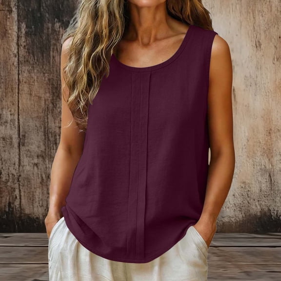 Tank Tops for Women Summer Cotton Linen Round Neck Casual Sleeveless Shirts Comfy Loose Fitted Lightweight Vests