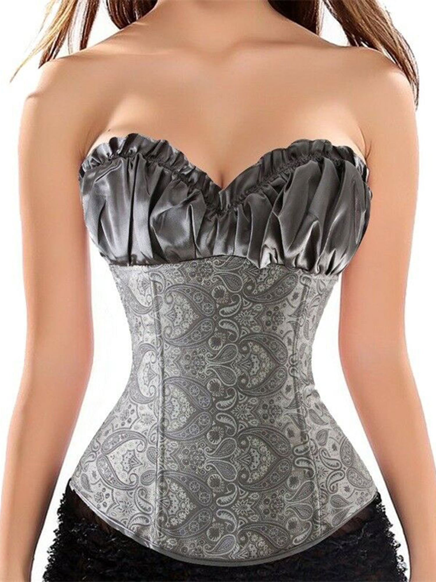 Womens Brocade Satin Floral Lace up Boned Corset Overbust Waist Slimming Bustier