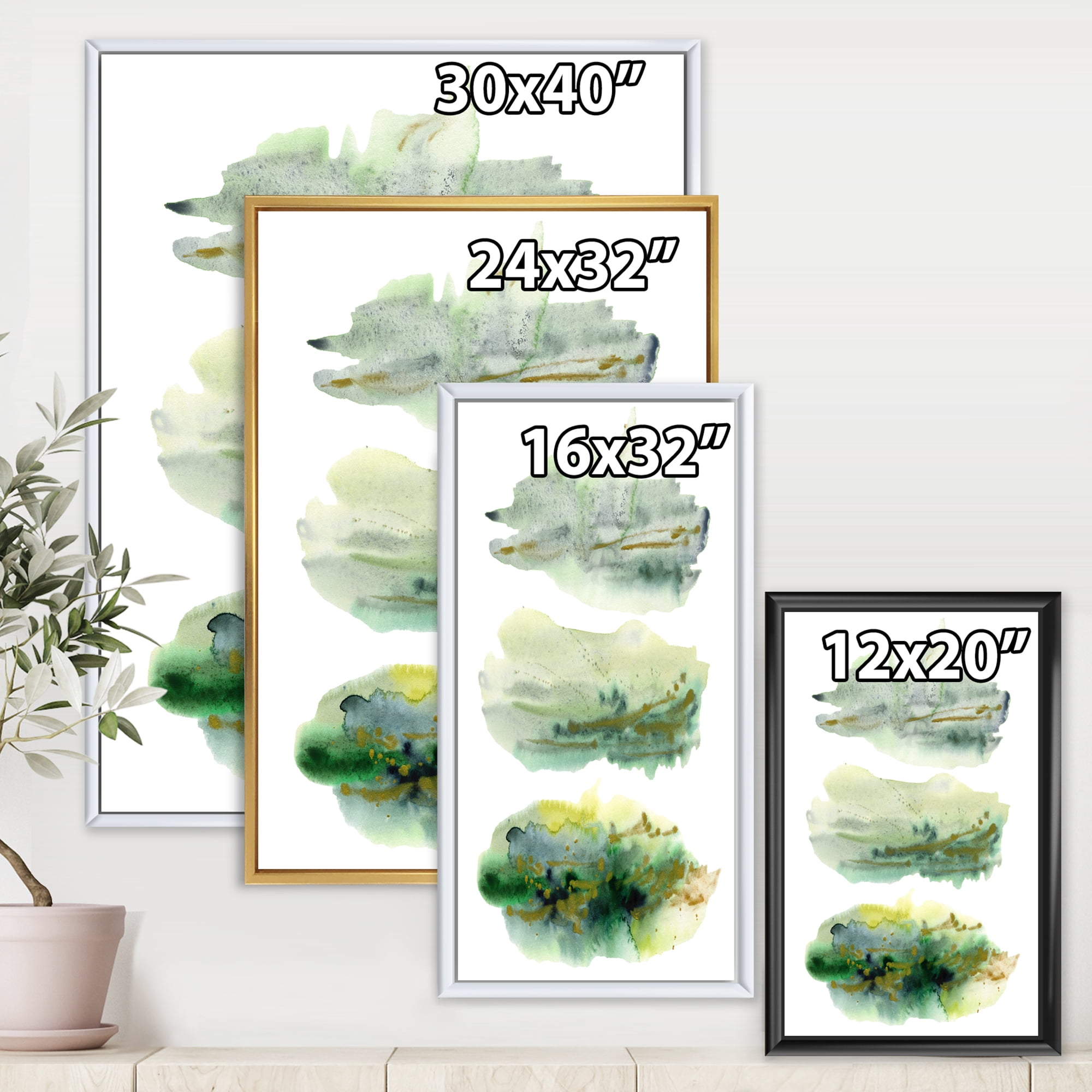 Designart 'Golden Green Abstract Clouds II' Modern Framed Canvas Wall Art Print