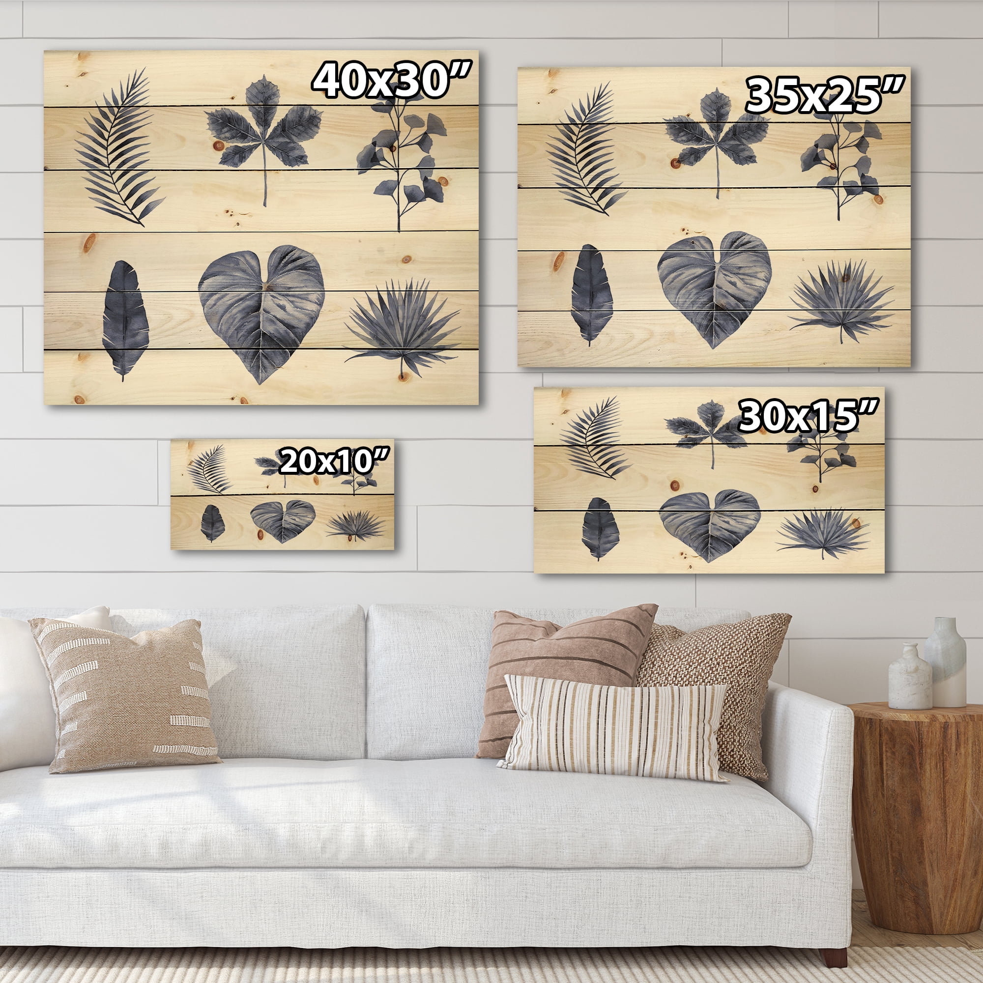 Designart 'Abstract Set Of Plant Leaves Blue' Traditional Print on Natural Pine Wood