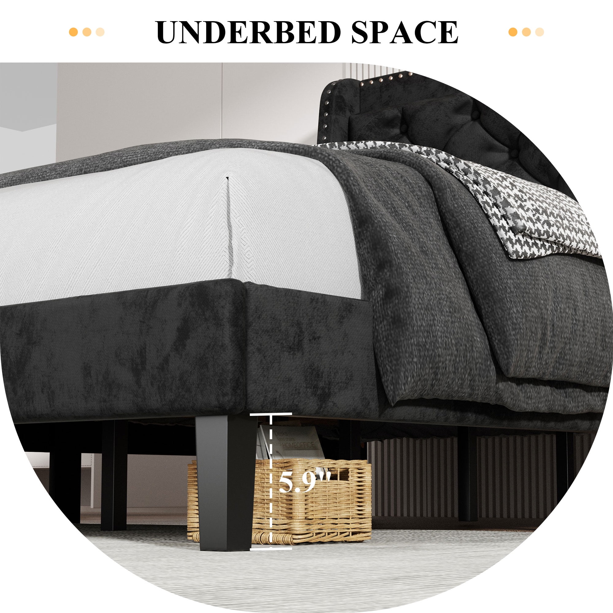 Walsunny Queen Bed Frame with Storage, Upholstered Platform Bed with Diamond Tufted Headboard and Wingbacks, Wooden Slats Support Easy Assembly, Velvet Black