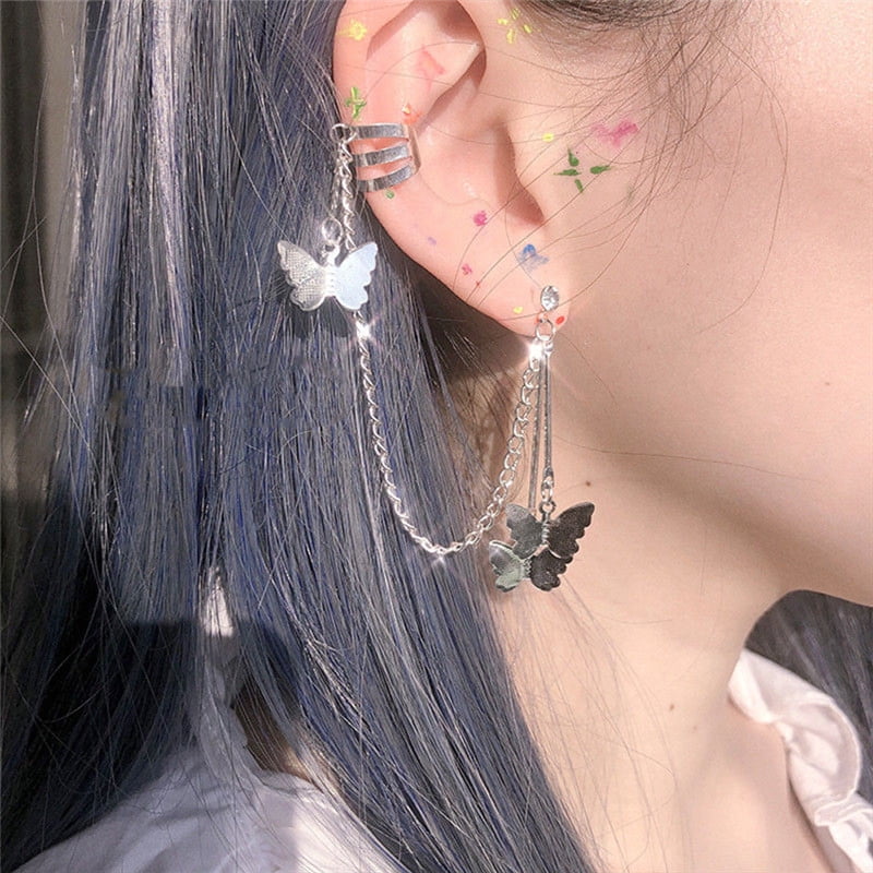 Hoarboeg Earring For Women Girl Cold Wind And Cool Girl Butterfly Earrings Ear Clip Super Temper Silver