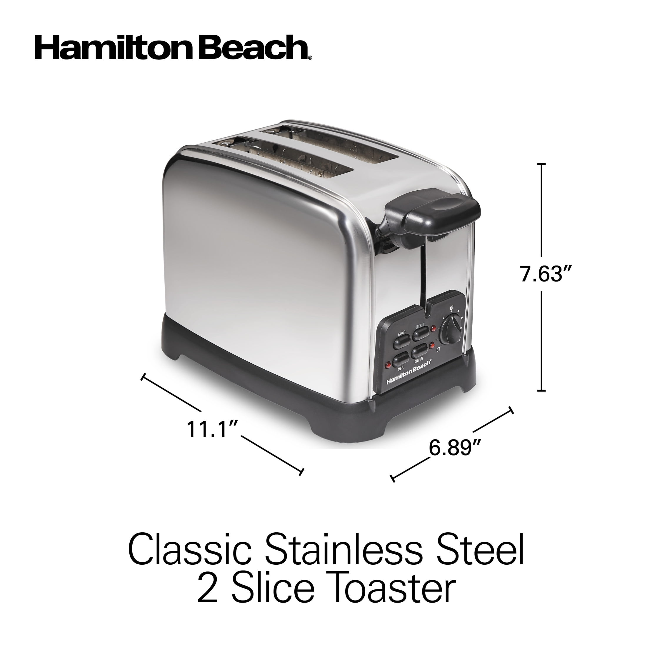Hamilton Beach Classic 2-Slice Toaster with Sure-Toast Technology, Auto Boost, and Crumb Tray, Stainless Steel