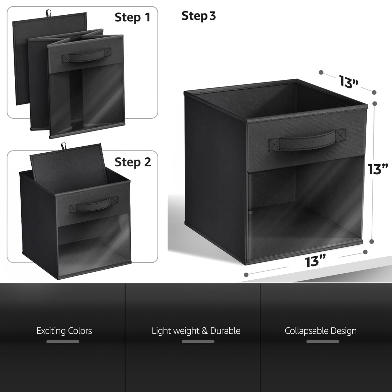 Sorbus 13” Foldable Storage Bins with Clear Window – Set of 6 Collapsible Fabric Baskets with Handles for Clothes, Toys, Books – Sturdy Organizer Cubes for Shelves & Closets, Black