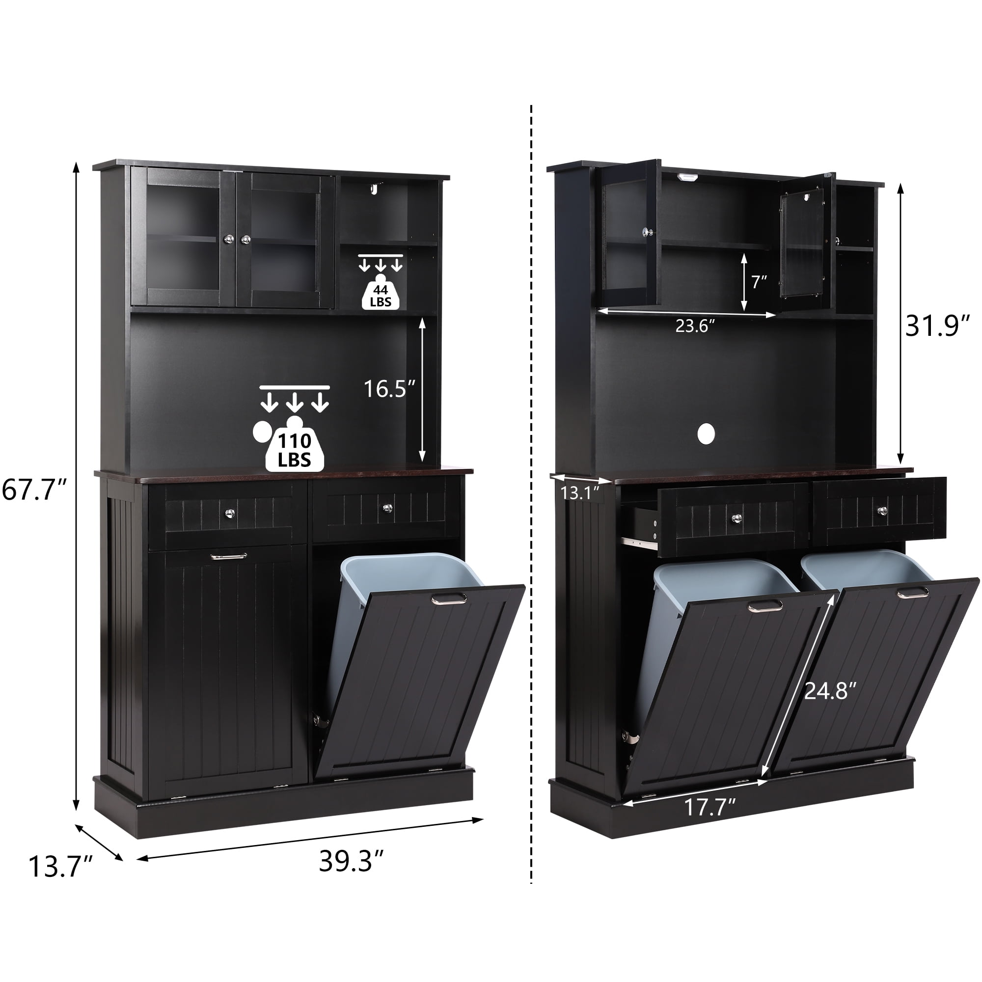 KIGOTY Kitchen Trash Cabinet, Double Tilt Out Trash Can Cabinet with Countertop and Drawer, Free-Standing Pet Proof Recycling Cabinet Garbage Can Holder (67"H,Black)