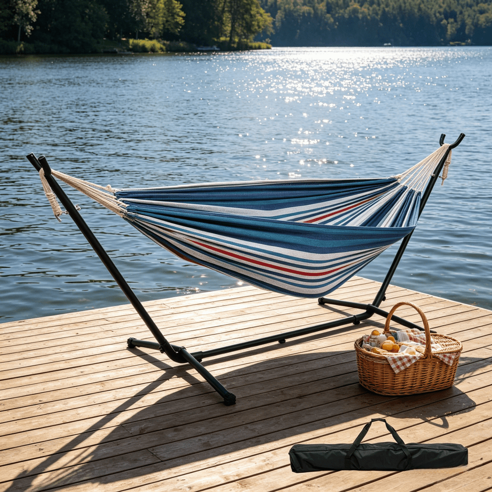Double Hammock with Stand 108.7In 550Lb Capacity 2Person Heavy Duty Steel Frame Blue Purple Cotton Polyester Blend Portable Carrying Bag Included Indoor Outdoor Patio Backyard Easy Assembly Tool Free