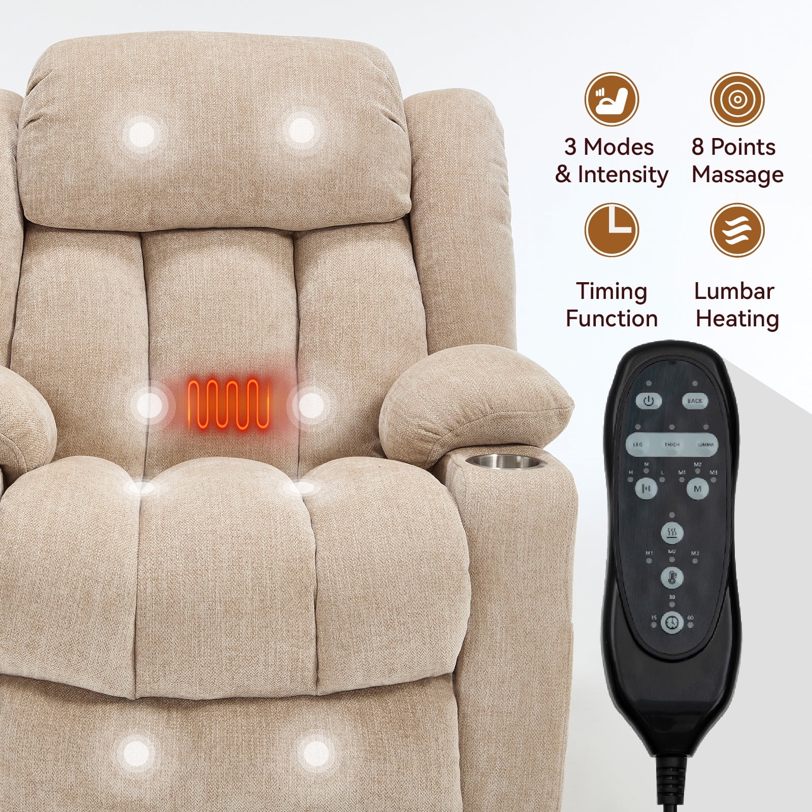 Power Lift Recliner Chair for Elderly with Massage & Heat, Heavy Duty 350 lbs Capacity,Electric Reclining Chair with USB Ports, Cup Holders, Pillow Top Arms, Medium-Firm Beige Chenille