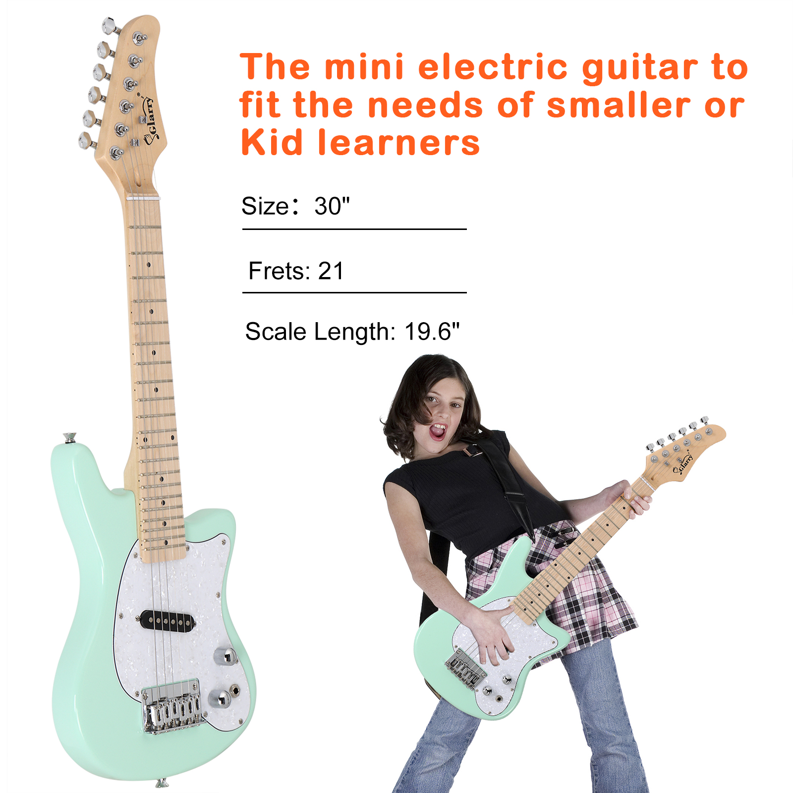 Glarry 30in Kids Electric Guitar Kit Beginner with 5W Amp, Bag, Strap, Plectrum Cord, Wrench Tool, Green