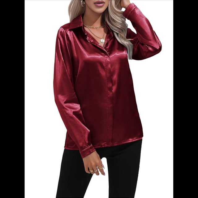 Blusas de Satén para Mujer, Informales, de Larga, con Botones, Elegantes, para Trabajo y Negocios Vino Tinto L