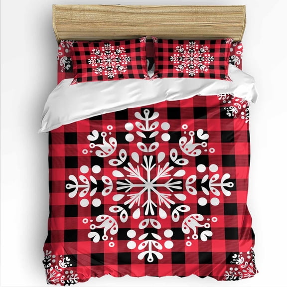 Christmas Snowflakes Twin Size Comforter Set, Winter Snow Red Black Buffalo Plaid Soft Bedding for All Seasons, 4 Pcs Bed Set with 1 Comforter (68"x86") ,1Sheet(66"x116"), 2 Pillowcases (19"x29")
