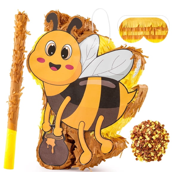 Bee Piñata with Piñata Stick Blindfold Bat Confetti,Large Kids Bee Piñata for Bee Themed Party,Girl Boy Birthday Party,Gender Reveal Party Baby Shower Decoration(15.7×12.5×3.5in)