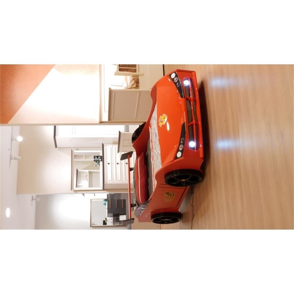 Titi Racer Modern Woody Twin Race Car Bed with LED Headlights in Red