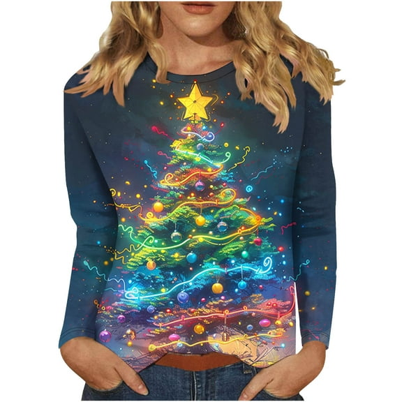 Christmas Shirt for Women Long Sleeve Round Neck Christmas Tree Print Top Festive Comfort Blouse Shirt T-Shirts Fall Clothes My Items