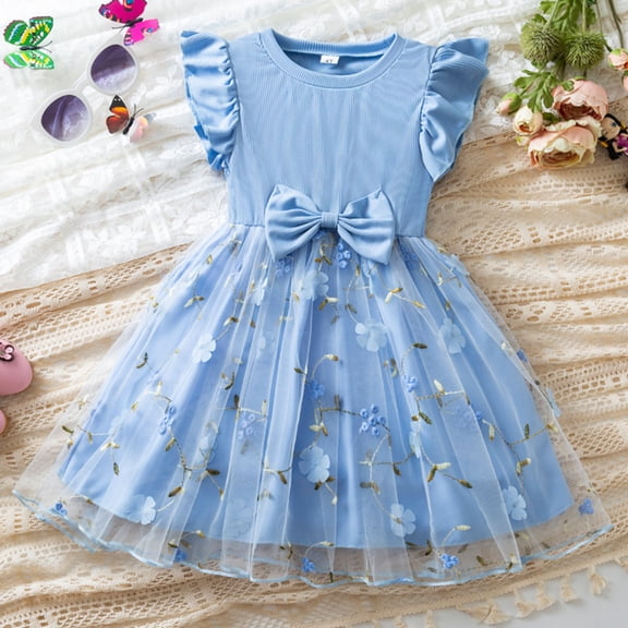 Kids Girls Floral Embroidered Tulle A-Line Dress with Bow Breathable Summer Party Dress Blue 3T,Size 6 T