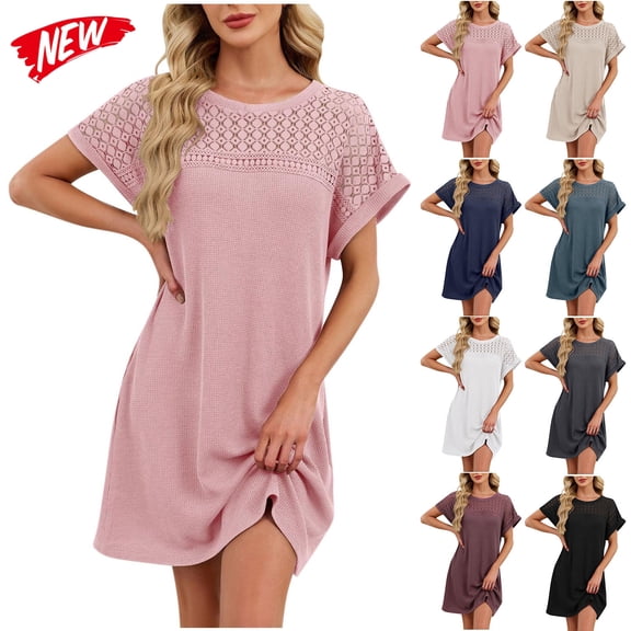 Taqqpue Women Summer Dress Casual Solid Color Crewneck T Shirt Derss Loose Fit Knee Length Sundress Beach Vacation Short Sleeve Cotton Midi Dress for Women