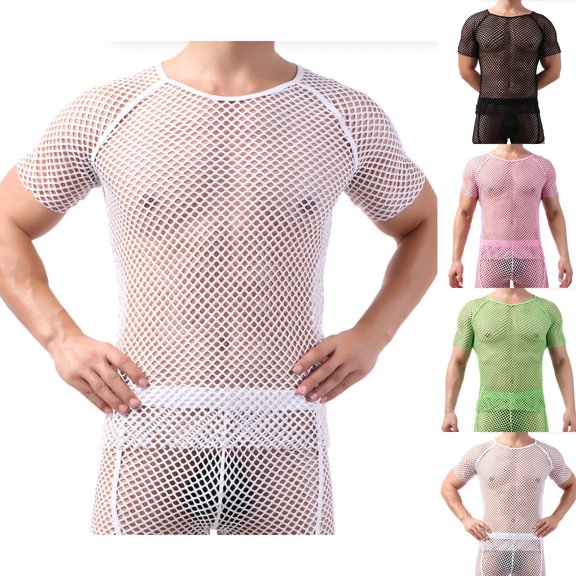 Mens Mesh See Through Short Sleeve T-Shirts Muscle Fit Fishnet Tops Crewneck Raglan Breathable Clubwear Party Rave Summer Beach Festival Quick Dry Athletic Tee