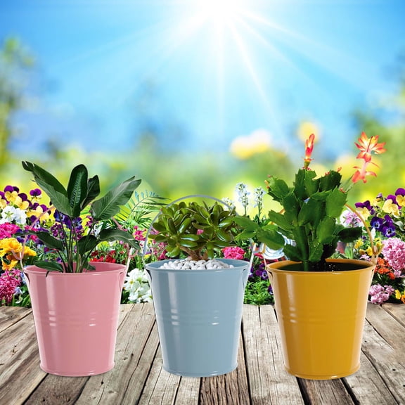 TABLZONE Set of 6 Colorful Metal Tin Buckets for Gardening, Storage, Organization, and Home Use - Portable Containers