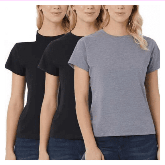 32 Degrees Cool Women's Ultra Soft Cotton Tee 3-Pack Black/Black/Ht. Charcoal S