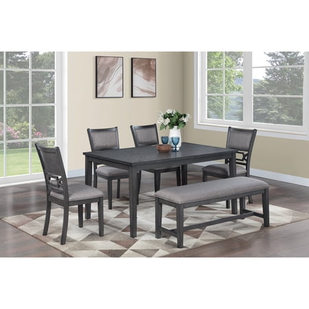 Dining Room 6 Assembly. Gray Rectangular Table 4 Side Chairs Bench. Padded Rubberwood Modern Style Contemporary 6pcs Assemblage. 1 Cushioned Seating Rubberwood