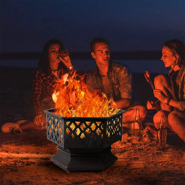 24" Fire Pit with Flame-Retardant Lid, Hex-Shaped Steel Outdoor Metal Fire Pit Decoration Accent, Premium Fire Pit with Poker, Wood Burning Fireplace Ice Pit for Backyard Patio Garden BBQ Grill, S7035