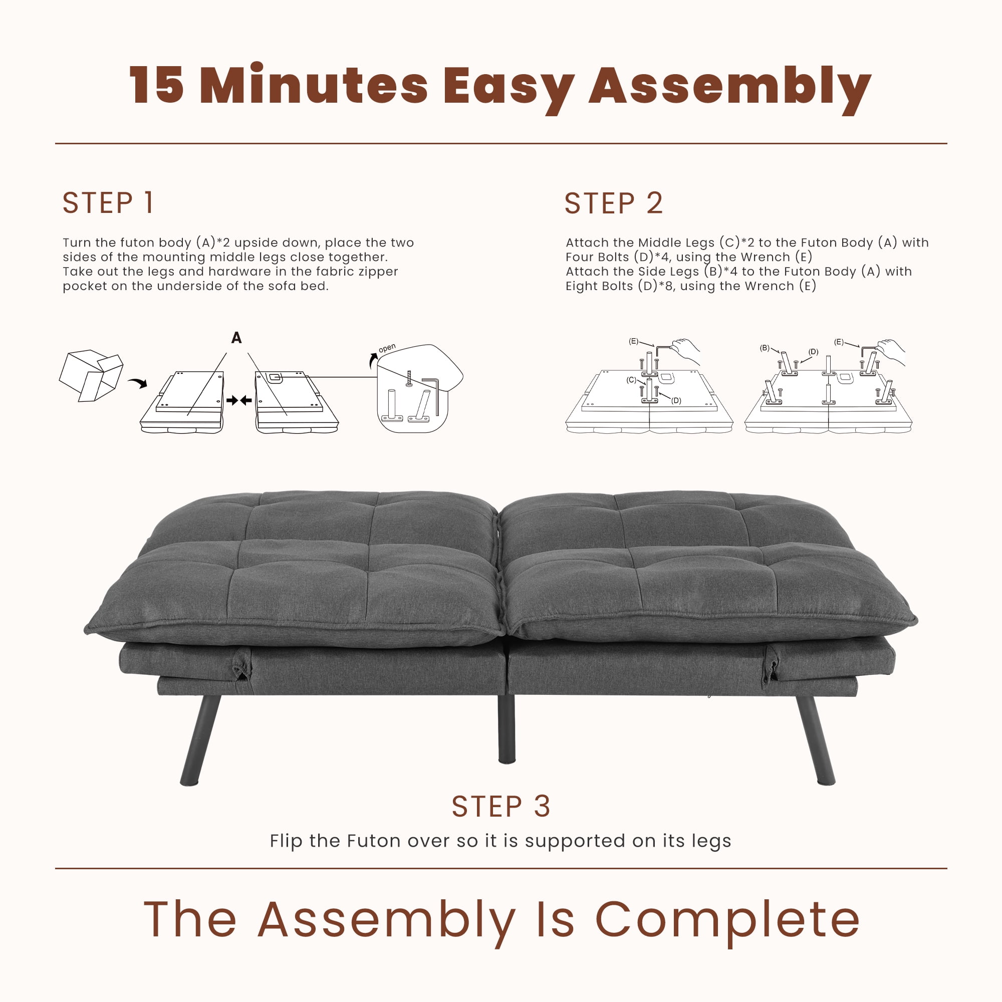 EDX Sofa Couch - Futon Sofa Bed, Full Size Futon, Sofa Sleeper, Modern Convertible Lazy Futon for Living Room, Small Space, Apartment Office, Grey