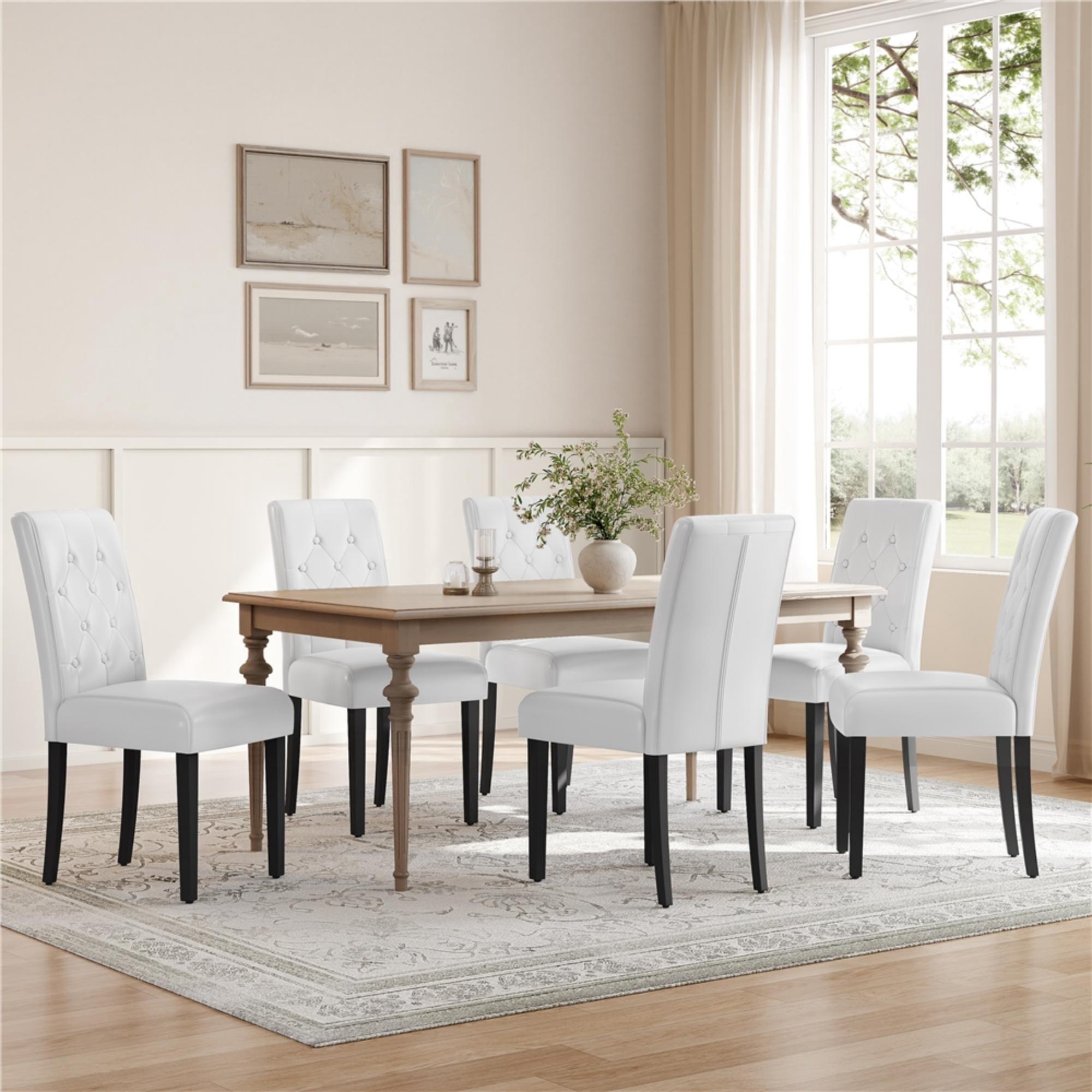 Alden DesignTufted Faux Leather Dining Chairs with Wood Legs for Kitchen, Set of 6, White