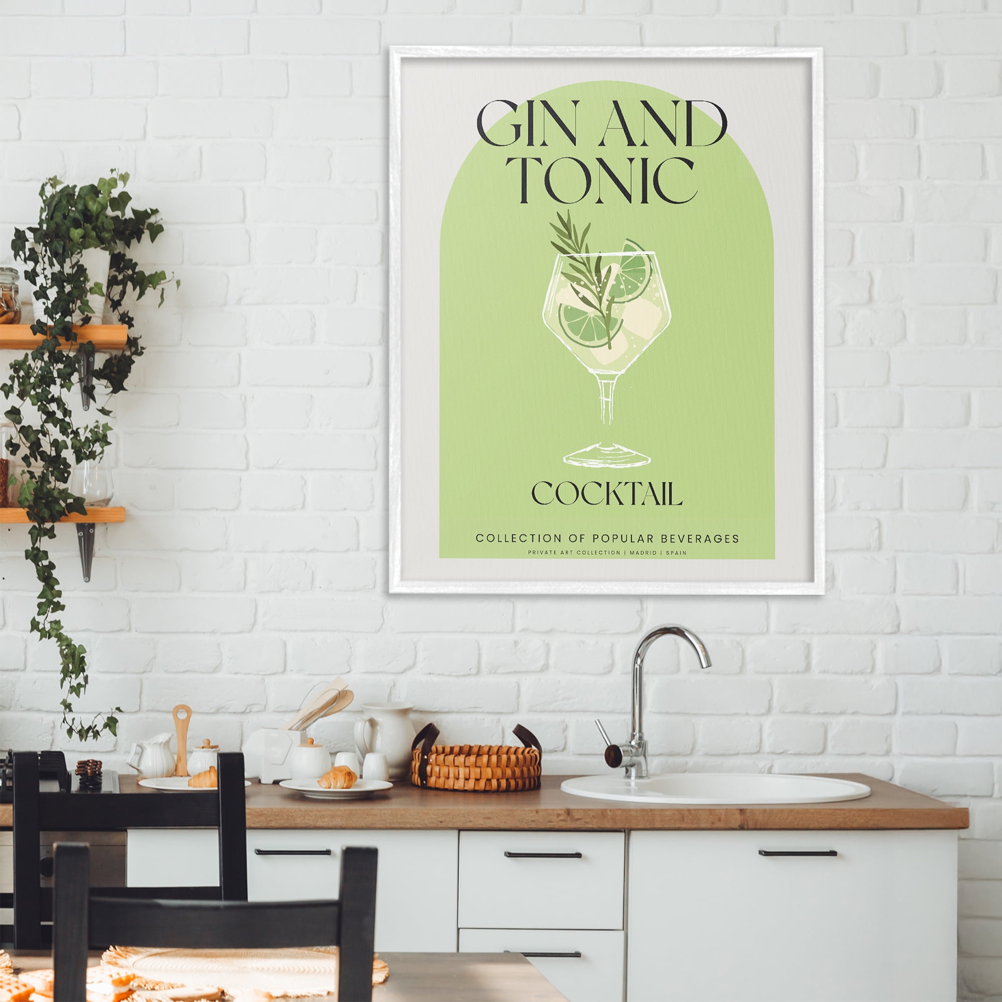 Stylish Retro Gin & Tonic White Framed Giclee Art, design by Lil' Rue