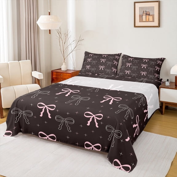 Feelyou Black Pink Bowknot Queen Sheet Sets, Princess Ribbon Bow Flat Sheet, Cartoon Fairy Tale Queen Fitted Sheet, Lightweight Room Decor, 4pcs