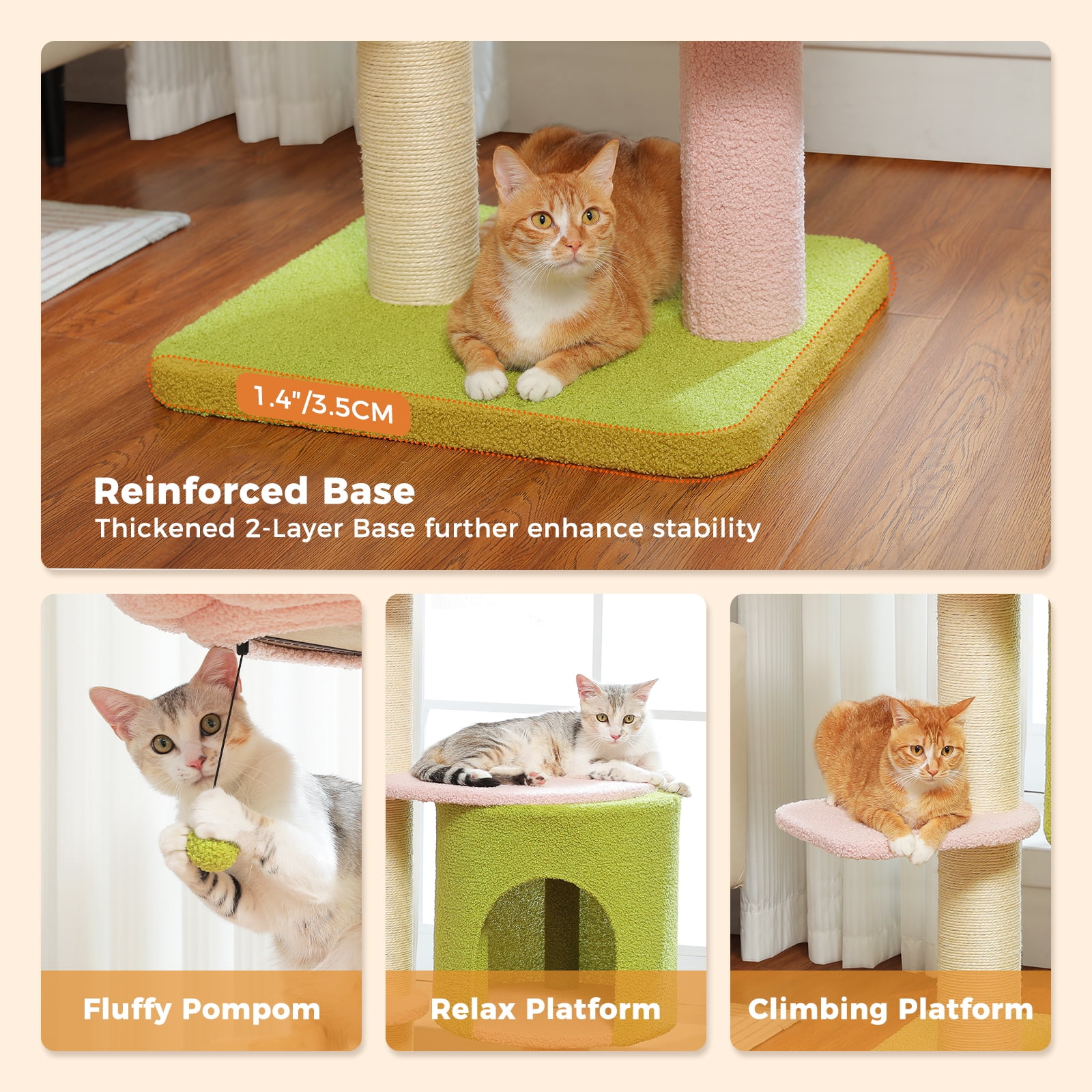 Pefilos 48" Cat Tree for Indoor Cats, 4.1-inches Thicked Scratching Post with a Spacious Condo, Stability Cat Tower with 2-Layer Baseboard, Pink